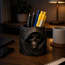 Modela Kapüşonlu Kuru Kafa Kalemlik | Gotik Masa Organizer | Skull Desk Holder
