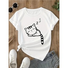 ENSUENO Unisex Sleeping Cat Baskılı Tshirt