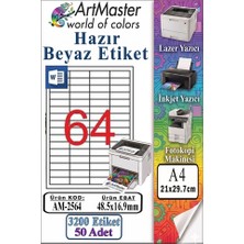 ArtMaster A4 Hazır Beyaz Etiket 48.5X16.9MM 50 Sayfa 1 Paket 64 Lü Kendinden Yapışkanlı Fotokopi Lazer Inkjet Kağıdı Yazıcılar