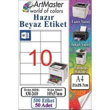 ArtMaster A4 Hazır Beyaz Etiket 105X57 mm 50 Sayfa 1 Paket 10 Lu Kendinden Yapışkanlı Fotokopi Lazer Inkjet Kağıdı Yazıcılar Için