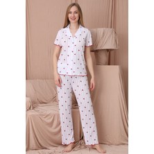 Wordex Mrn 1702 Kiraz Desenli Pointel Ince Kumaş Düğmeli Kısa Kollu Kadın Pijama Takımı