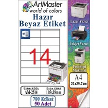ArtMaster A4 Hazır Beyaz Etiket 105X38 mm 50 Sayfa 1 Paket 14 Lü Kendinden Yapışkanlı Fotokopi Lazer Inkjet Kağıdı Yazıcılar Için
