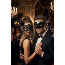 Zurafa Shop Puantiyeli Tüllü ve Klasik Siyah Venedik Çift Maske Seti - Sevgili ve Partner Balo Maskesi Takımı