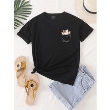 ENSUENO Unisex Sevimli Cat Baskılı Tshirt