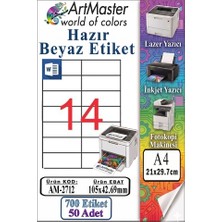 ArtMaster A4 Hazır Beyaz Etiket 105X42.7MM 50 Sayfa 1 Paket 14 Lü Kendinden Yapışkanlı Fotokopi Lazer Inkjet Kağıdı Yazıcılar Için
