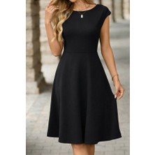 Kadın Yarım Ay Kollu Yakası Acık Kemersiz Midi Ithal Krep Elbise