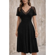 Kadın Kısa Kollu V Dantel Yakalı Midi Viskon Elbise