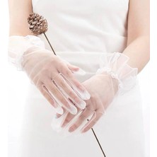 Nacario Mey Ithalat® Kısa Boy Likralı Güpürlü Yetişkin Tül Eldiven Beyaz Renk