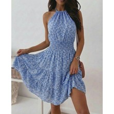 Kadın Omuzlardan Açık Beli Lastikli Desenli Kısa Süprem Elbise