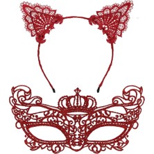 Nacario Mey Ithalat®  Lüks Kırmızı Dantel Taçlı Maske Seti 2 No - Parti, Balo, Kostüm Aksesuarı