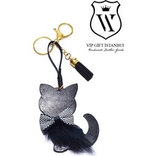 VİP GİFT Papyonlu Kedi Anahtarlık, Hakiki Deri, Siyah