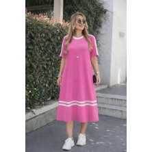 Kadın Kısa Kollu Bisiklet Yaka Şerit Detaylı Midi Viskon Elbise