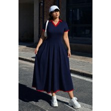 Kadın Kısa Kollu V Yakalı Pileli Uzun Janjan Krep Elbise