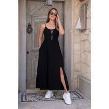 Kadın Ip Askılı Yuvarlak Yakalı Önden Yırtmaçlı Cep Detaylı Uzun Viskon Elbise