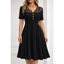 Kadın Kısa Kollu Dantel V Yakalı Düğmeli Kısa Janjan Krep Elbise