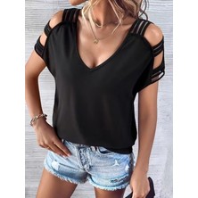 Kadın Kısa Kollu V Yakalı Şerit Detaylı Viskon Bluz