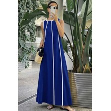 Kadın Omuzlardan Açık Yaka Ince Şerit Detaylı Uzun Viskon Elbise