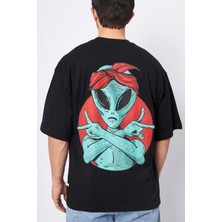 Zueofficial Alien Gangsta Baskılı Oversize Tişört %100 Pamuk Erkek Basic Rahat Kalıp Streetwear