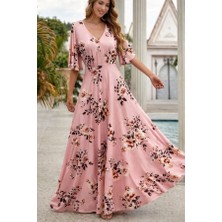 Kadın Kısa Kollu V Yakalı Desenli Süprem Elbise