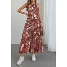 Kadın Halter Yakalı Omuzlardan Açık Kuşaklı Maksi Boy Desenli Süprem Elbise