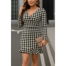 Kadın Uzun Kollu Kruvaze Yaka Kazayağı Mikro Mini Boy Elbise