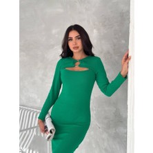 Kadın Uzun Kollu Halka ve Pencere Dekolte Detay Fırsat Ürün Midi Boy Elbise