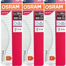 Avarson (3 Adet) Ledvance 7,5W Beyaz Işık (6500K) E14 Duylu (Ince Duy) LED Ampul