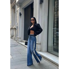 Tasarım Yanları Dantel Detaylı Wide Leg Jean Kot Pantalon