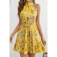 Kadın Omuzlardan Açık Balıkçı Yakalı Kuşaklı Desenli Kısa Süprem Elbise