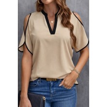 Kadın Kısa Kollu V Yakalı Ithal Krep Bluz