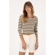 U.S. Polo Assn. Kadın Haki Çizgili Bisiklet Yaka Sweatshırt 50314203-VR027