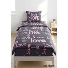 Mira Home Love Yazılı Pamuklu Lastikli Çarşaflı Tek Kişilik Nevresim Takımı (100X200 Cm)