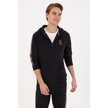 U.S. Polo Assn. Erkek Regular Fit Fermuarlı Kapüşonlu Şeritli Siyah Örme Hırka 50315808-VR046