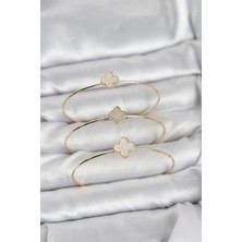 Nacario Mey Ithalat® Gold Renk Yonca Model Zirkon Taşlı 3'lü Kadın Bileklik Kombini