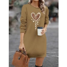 Kadın Uzun Kollu Bisiklet Yaka Kalp Desenli Kısa Viskon Elbise