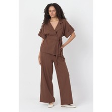 Diemmood Kadın Keten Kumaş Kısa Kollu Kemer Detaylı Kahverengi Pantolon Gömlek Takım