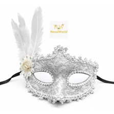 Nacario Mey Ithalat® Lüks Beyaz Tüylü Venedik Maskesi – Taşlı Dantel Tasarım