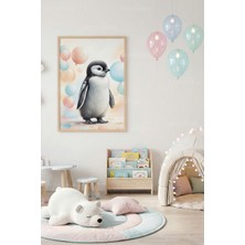 Tontilika Pastel Balonlu Sevimli Penguen Illüstrasyon Dekoratif Ahşap Çerçeveli Tablo – Çocuk Odası