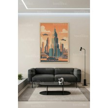 Tontilika Retro Gelecek Şehir Silüeti Dekoratif Ahşap Çerçeveli Tablo – Modern Duvar Dekoru