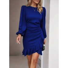 Kadın Uzun Kollu Bisiklet Yaka Önden Volanlı Ithal Krep Elbise