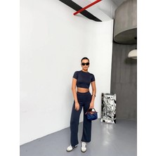 Pileli Store Osy Modal Yumuşak Dokulu Kumaş Kısa Kollu Crop Alt Ispanyol Paça Pantalon Ikili Takım - Füme -
