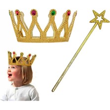 Pileli Store Çocuk Boy Kraliçe Prenses Tacı ve Yıldız Peri Asası Altın Renk (4887)