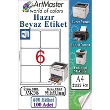 ArtMaster A4 Hazır Beyaz Etiket 99.1X93.1MM 100 Sayfa 1 Paket 6 Lı Kendinden Yapışkanlı Fotokopi Lazer Inkjet Kağıdı Yazıcılarla