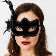 Pileli Store Siyah Renk Yandan Tüylü Beyaz Incili Süet Kaplama A Kalite Lüks Parti Maskesi 20X23 cm