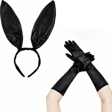 Pileli Store Siyah Parlak Tavşan Kulak ve 40 cm Parlak Siyah Eldiven Kostüm Seti