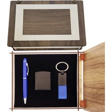 Pileli Store Özel Ahşap Kutulu Lacivert Kalem Anahtarlık ve Çakmak Set