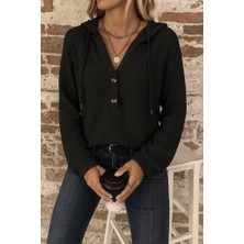 Kadın Uzun Kollu Kapşonlu Önü Düğmeli ve Bağcıklı Waffle Bluz