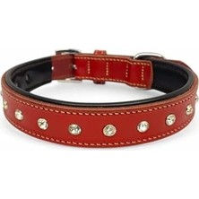 MarkEntegra Kırmızı Yumuşak Deri Taşlı Köpek Tasması, Ultra Dayanıklı