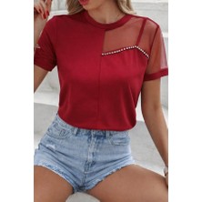 Kadın Kısa Kollu Tül Detaylı Taşlı Janjan Krep Bluz