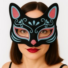 Pileli Store Siyah Renk Süet Kaplama Üzeri Mavi Kırmızı Simli Kedi Maskesi 17X14 cm